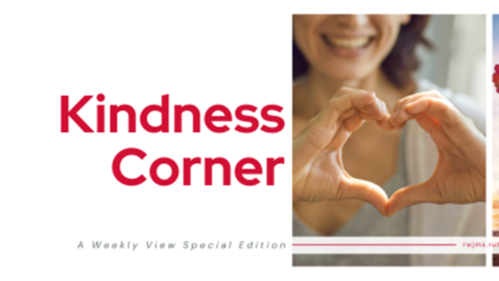 A person holding a heart made out of balloons, woman making a heart shaper with her fingers and the words kindness corner