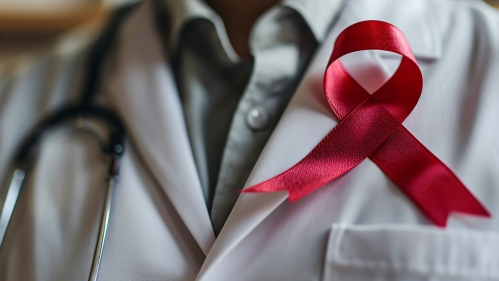 Image of a doctor's white coat with red ribbon for HIV awareness