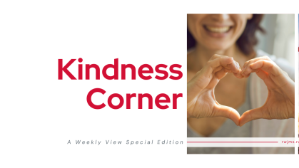 Image of woman making a heart with her hands and wording Kindness Corner 