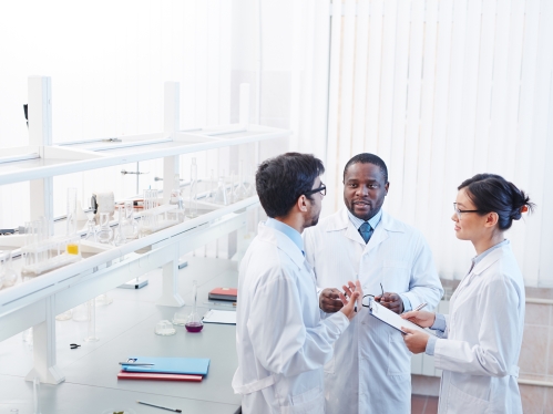 A group of researchers speaking in a laboratory.