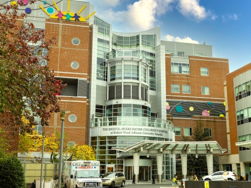 The front of Bristol-Meyers Squibb Children's Hospital on a sunny fall day