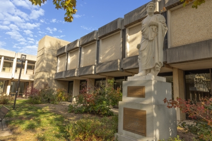 A sculpture of Hippocrates outside the entrance of the Research Tower/Kessler Teaching Laboratories of Robert Wood Johnson Medical School