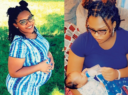 Two side-by-side photos of Alicia Thompson-Overby when she is pregnant and later feeding her newborn