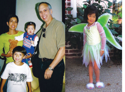 Two side-by-side photos of the Dibbs family and their daughter in a tinkerbell costume