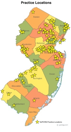 A map of New Jersey locating the practice locations of the New Jersey Primary Care Research Network in all 21 counties
