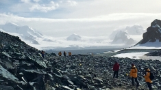Dr. Reisman and others hike over rocks in Antarctica