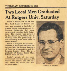 Frank Barile’s graduation from Rutgers University was highlighted in a newspaper article dated October 18, 1951.
